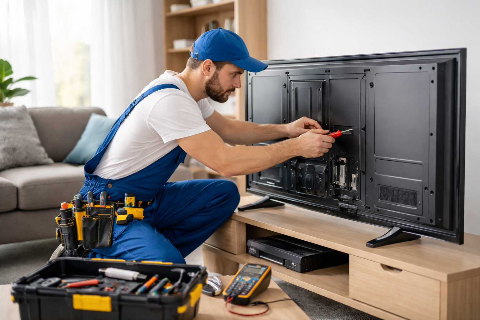 Technician inspecting a television